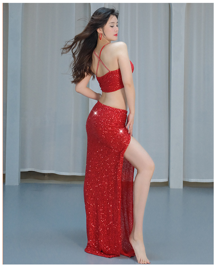 Ensemble de costumes de danse du ventre pour femmes, haut et jupe d'été, débardeur à paillettes pour adultes, vêtements d'entraînement sur scène