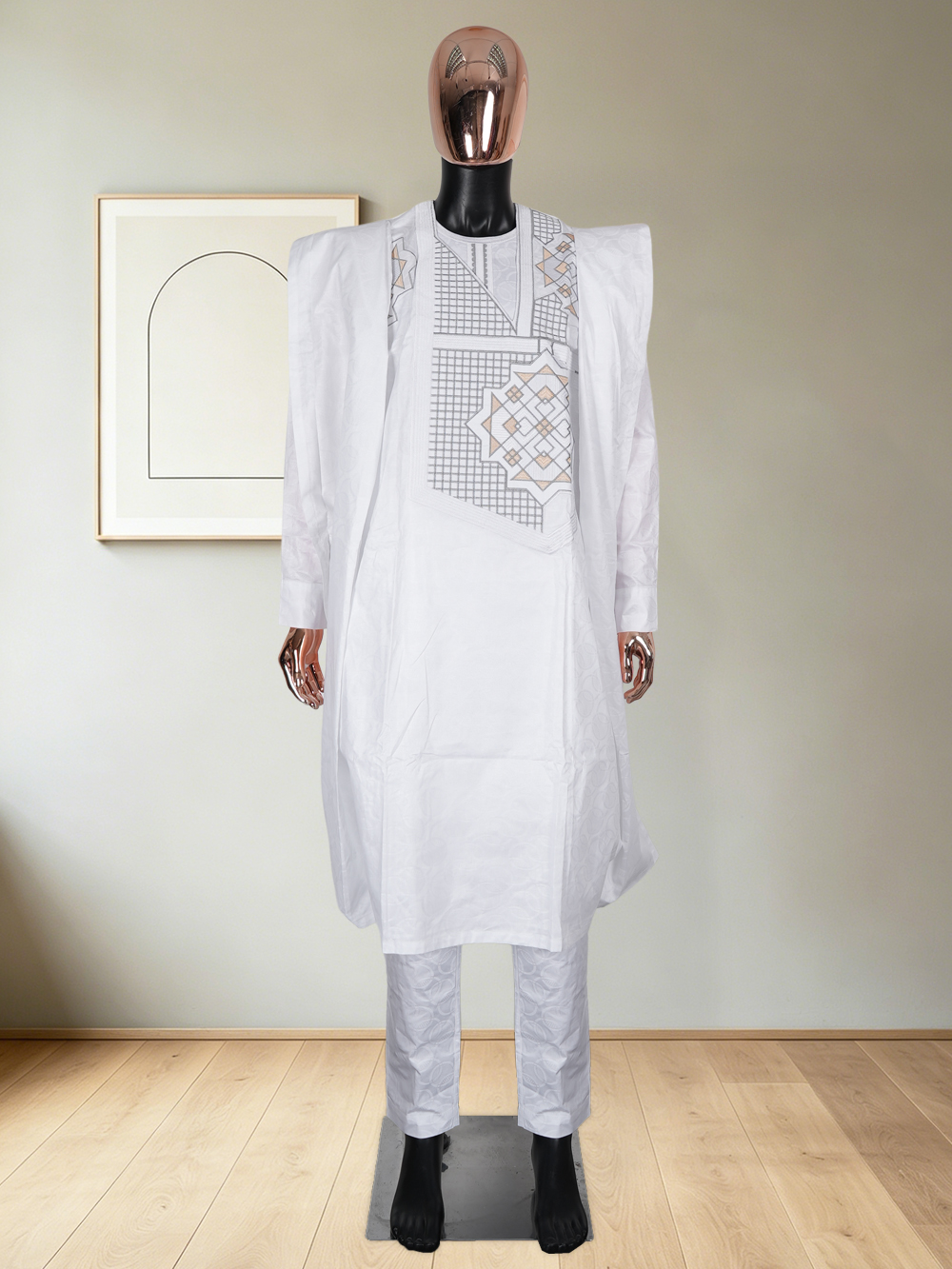 Ensemble de 3 pièces de vêtements africains pour hommes, tenue traditionnelle Dashiki, robe brodée, hauts et pantalons, costumes Bazin, vêtements de mariage musulman