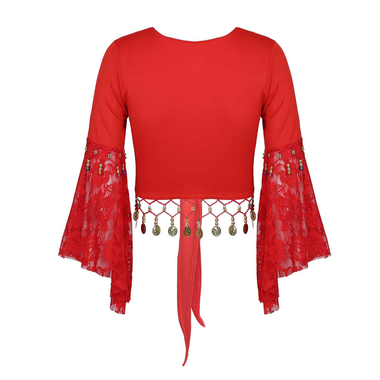 Costume de danse du ventre indien pour femme, patchwork de dentelle, manches évasées trois quarts, pompon perlé, châle droit, haut court, cardigan, vêtements de danse