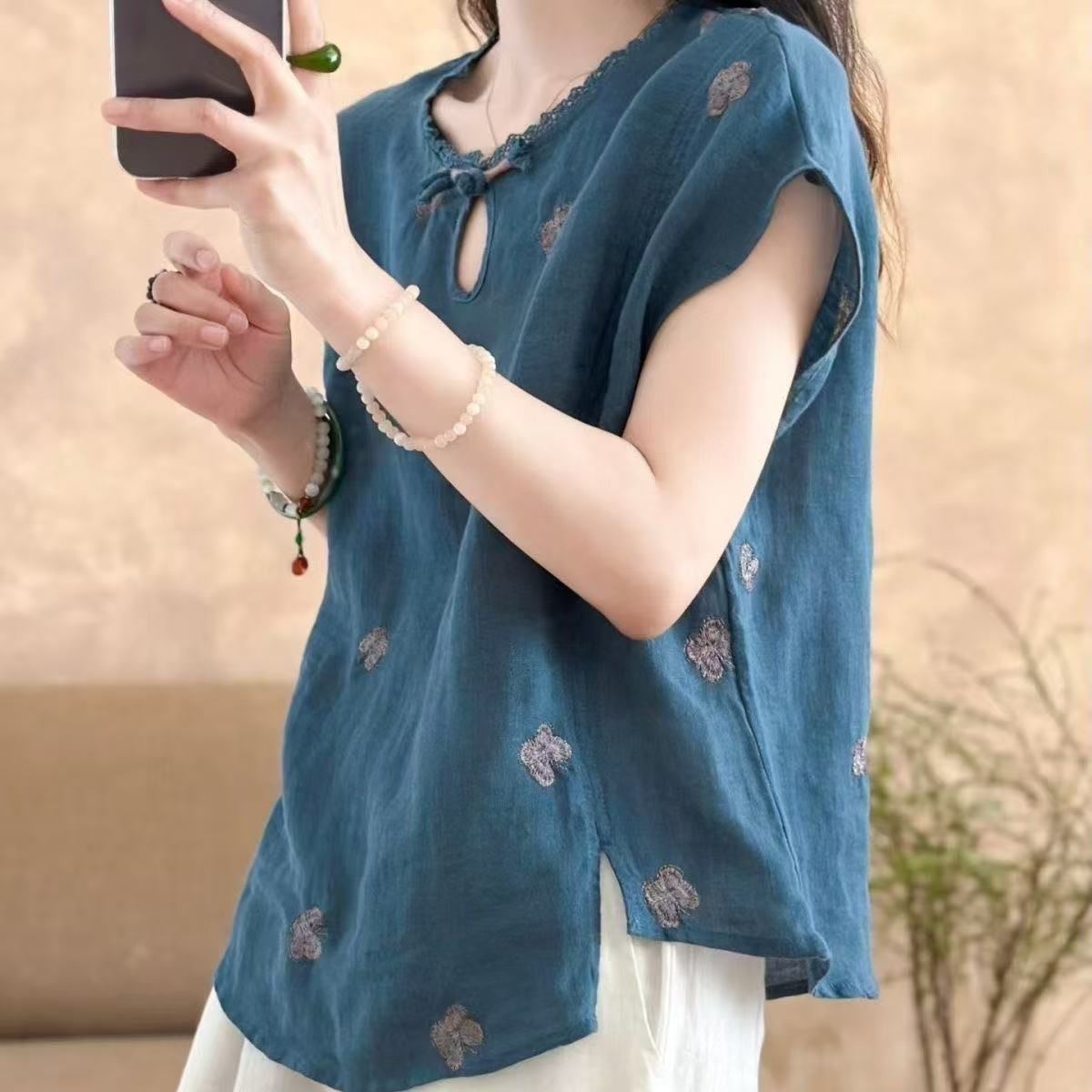 Haut boutonné rétro pour femme en lin et coton, broderie exquise, style chinois, confortable, grande taille, nouvelle collection estivale romantique
