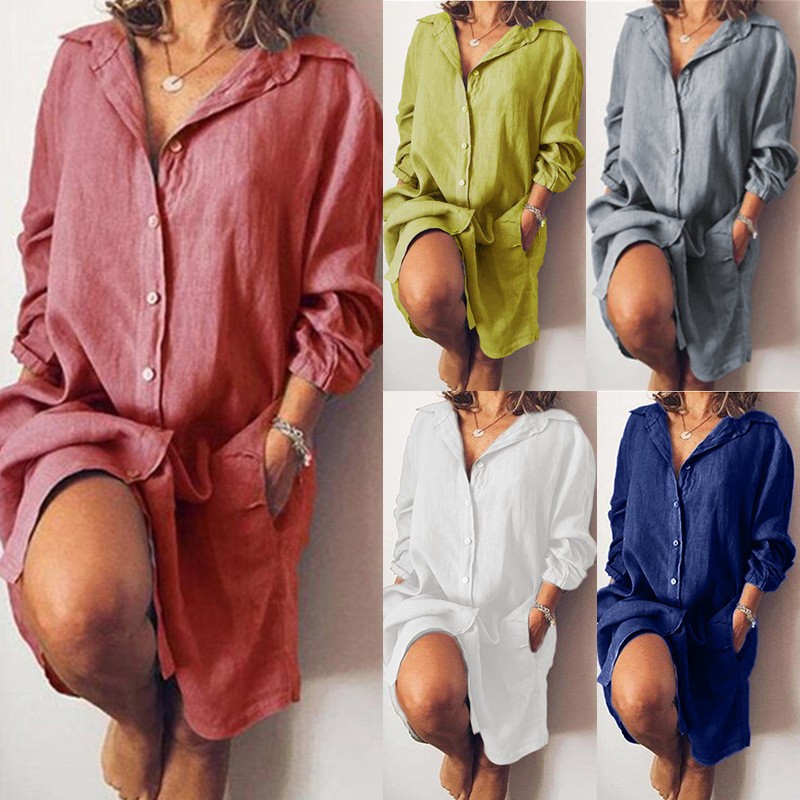 Chemisier femme 2026 décontracté automne-printemps en coton et lin à manches longues couleur unie boutonnage simple chemise longue vêtements pour femmes