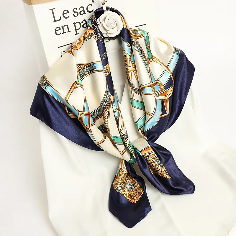 Foulard en Soie Imprimé 90x90cm, Grand Carré en Satin, Châle de Luxe pour Femme, Marque de Créateur, Hijab, Bandeau