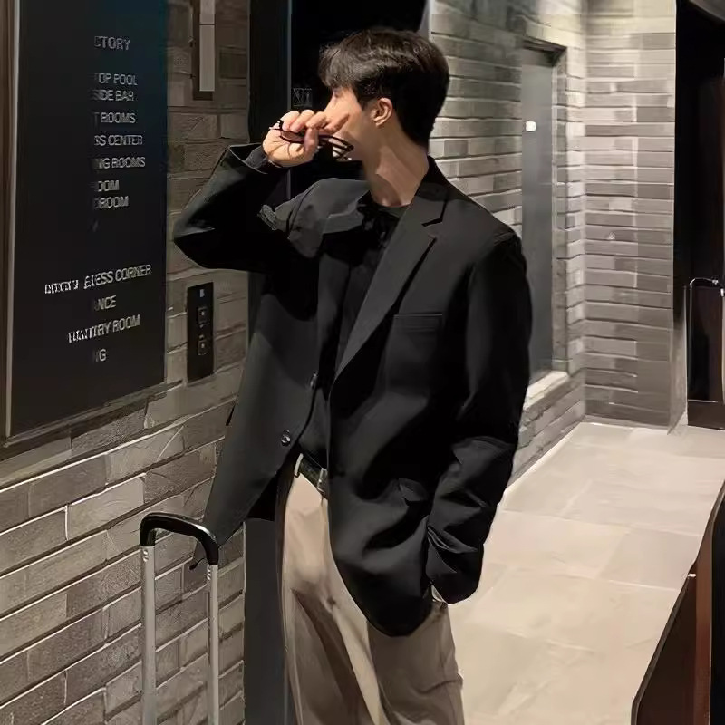 Blazer KIDWHXR pour homme, style coréen, couleur unie, col rabattu, veste décontractée ample à simple boutonnage, manches longues, manteau de costume pour homme