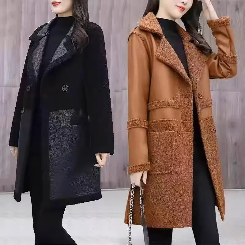 Veste grande taille pour femme, nouveau manteau en fourrure double face, automne hiver 2025, vêtements d'extérieur en laine d'agneau, pardessus Long rembourré, hauts en cuir pour dames