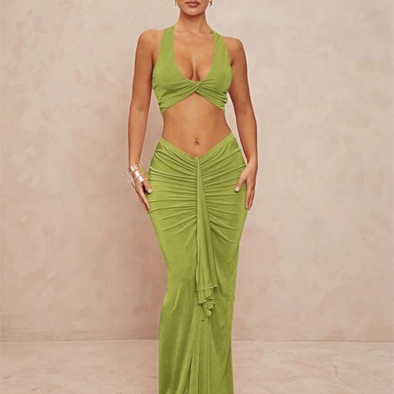 Ensemble deux pièces pour femme, tenue fendue, Slim, couleur unie, écharpe plissée, ensembles assortis, vêtements de plage Sexy, jupes de vacances, gilet, nouvelle collection
