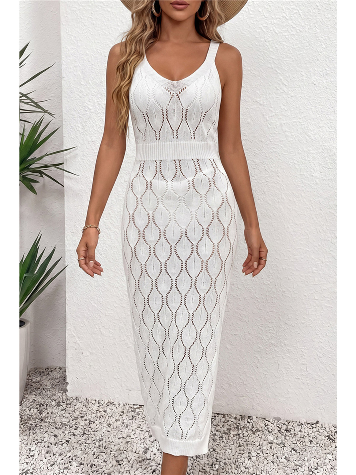 Robe de plage cache-maillot pour femme, unie, sans manches, ajourée, en crochet tricoté, tunique de plage V8299