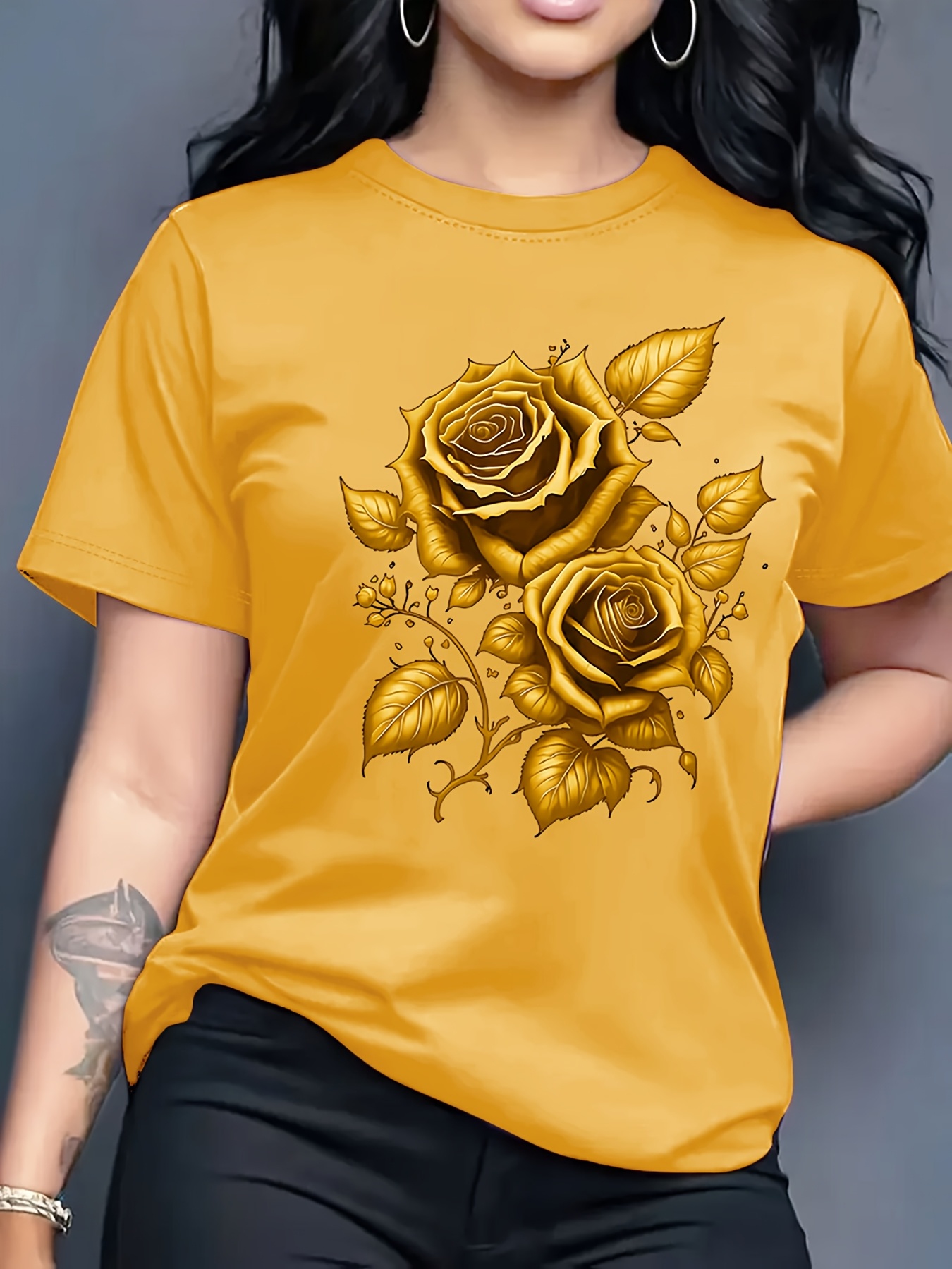 T-shirt imprimé roses pour femmes, col rond, Design Simple, polyvalent, mode Harajuku Kawaii, vêtements Y2K pour femmes
