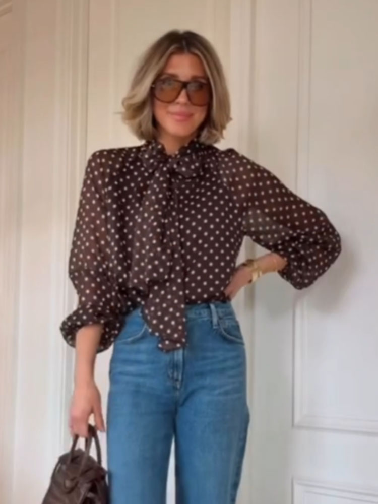Chemisier à manches longues à col foulard polyvalent à pois, nouvelle collection printemps pour femme, style décontracté chic