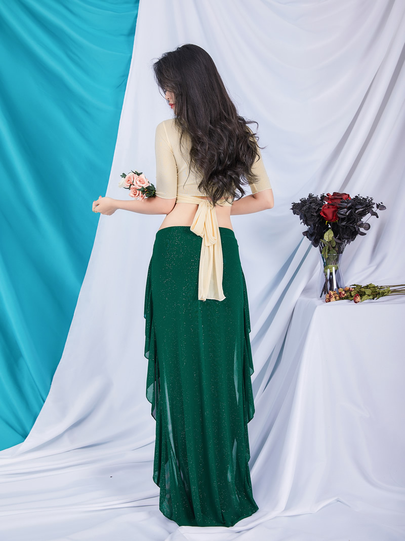 Costume de danse du ventre pour femmes, haut Sexy à manches courtes, vêtements de Performance pour adultes, jupe en gaze pratique professionnelle, tenue de spectacle d'été