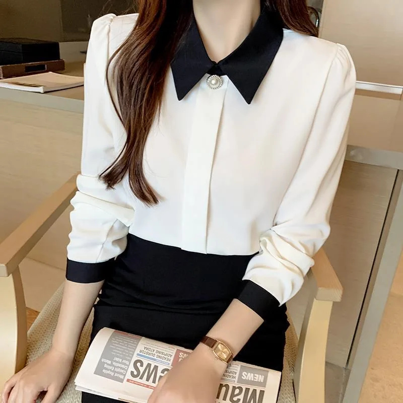 Femmes printemps automne Style Blouses chemises dame décontracté à manches longues col rabattu haut Blouse