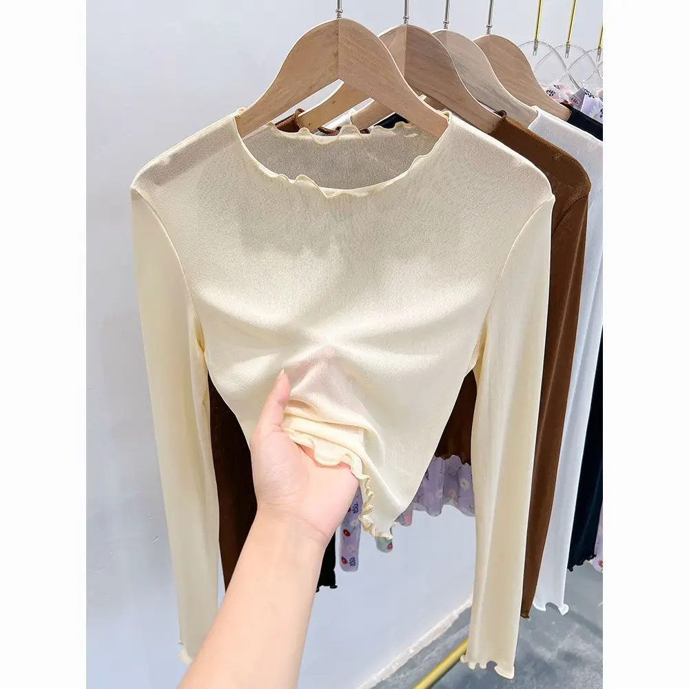 Top court en dentelle noire pour femmes, t-shirt en maille transparente en soie glacée d'été, style court, sous-vêtements, chemise de base, protection solaire