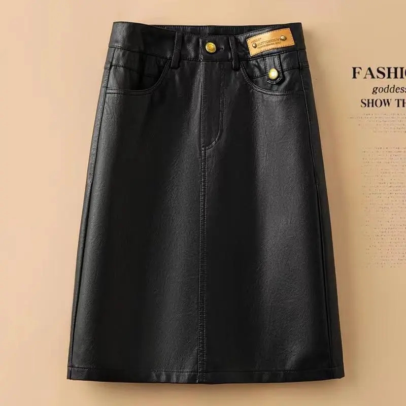 Printemps automne hiver jupe en cuir femmes nouvelle mode noir marron taille haute PU a-ligne jupes grande taille S-5XL femme jupes Midi