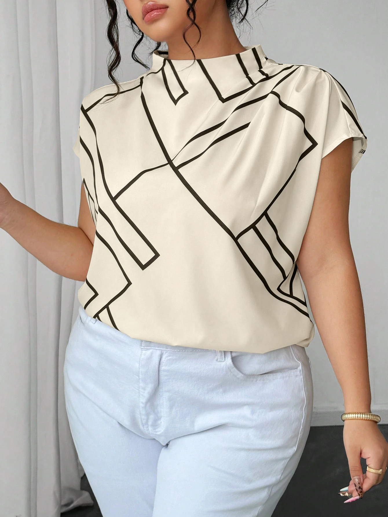 Chemisier grande taille pour femmes, col montant, imprimé géométrique, coupe ample, élégant, effet satiné, idéal pour le travail, les affaires et les occasions quotidiennes.