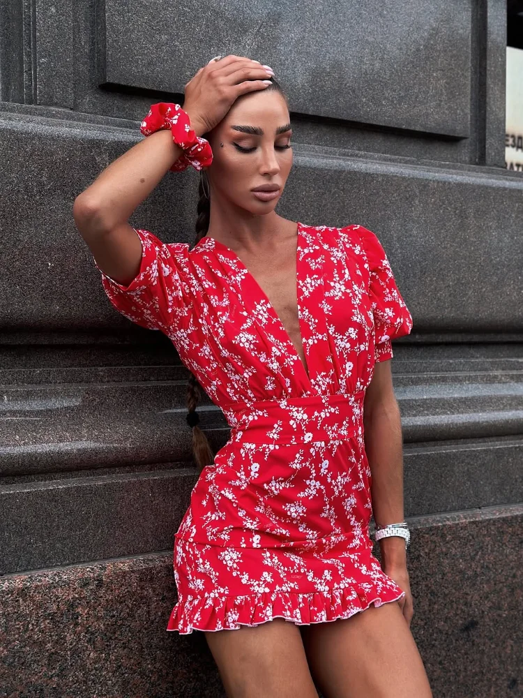 Robe Courte Femme Imprimé Floral Rose Col V Manches Bouffantes Ceinture Ourlet Volanté Robes Décontractées Été 2026 Tenues de Vacances pour Femme