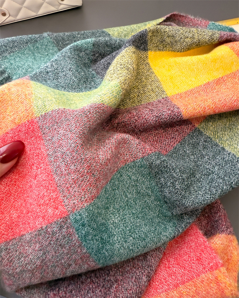 Écharpe de luxe en Imitation cachemire à carreaux arc-en-ciel pour femme, châles et enveloppes chauds, Pashmina épais, couverture féminine, hiver