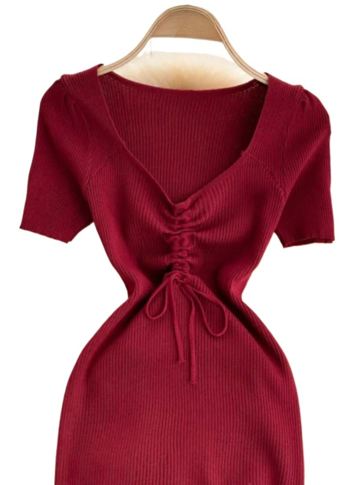 Robe en tricot côtelé violet pour femmes, col en V, lacets sur le devant, manches bouffantes, coupe ajustée, mini, sexy, décontractée, style coréen, pour toutes les saisons.