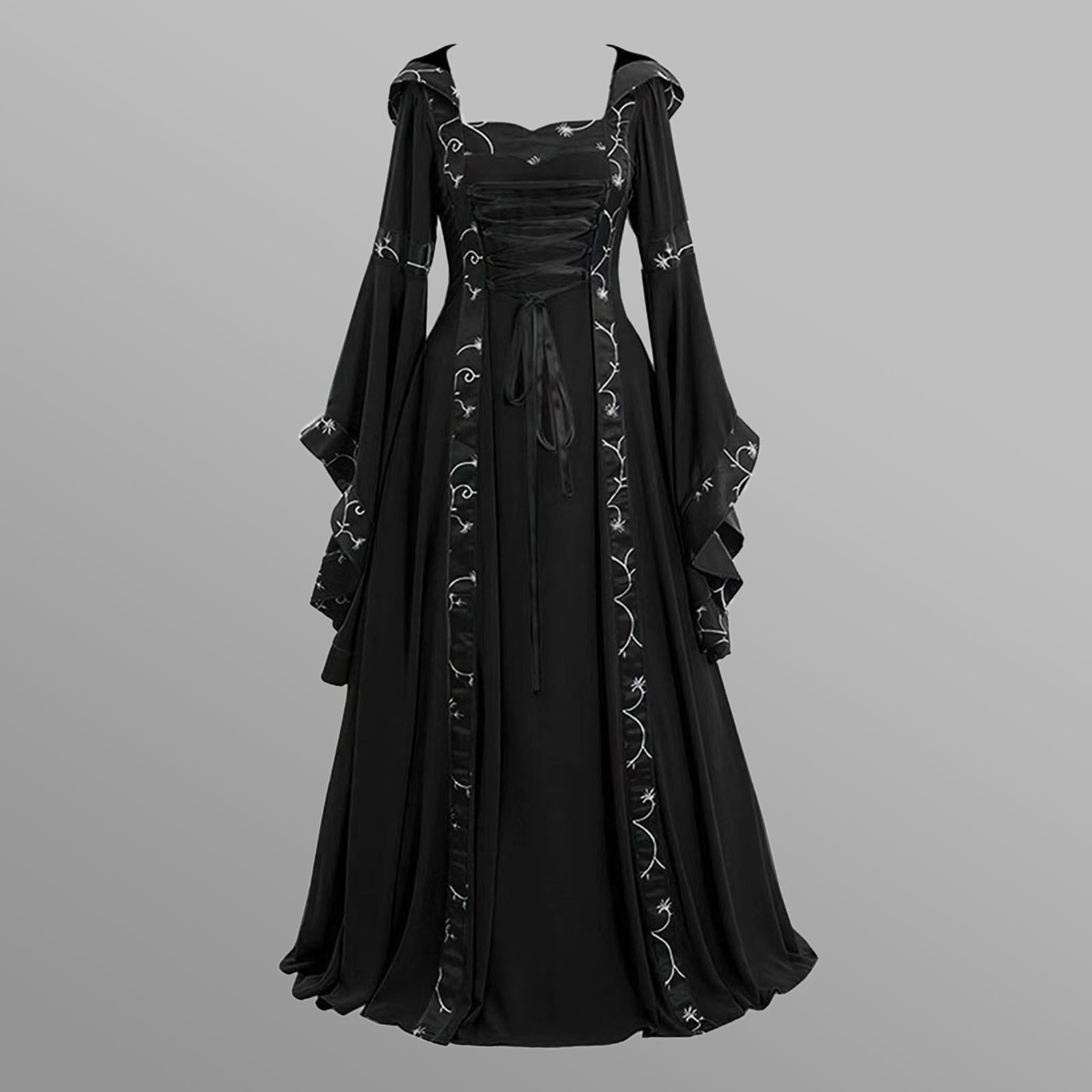 Robe de cosplay gothique médiévale vintage pour femmes, robe de longueur au sol, costume d'Halloween, cour victorienne, manches évasées bandage