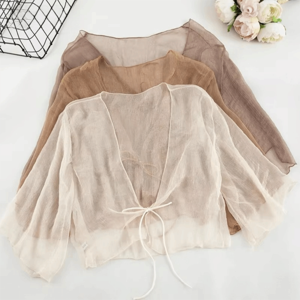 Cardigan décontracté froissé pour femme, en mousseline de soie, coupe ample, style châle court, transparent, fin, veste légère