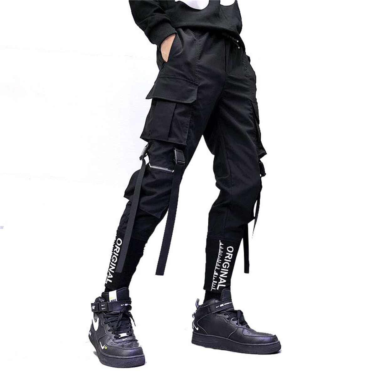 Pantalon Cargo pour hommes, décontracté, Hip Hop, couleur frappée, poches multiples, Streetwear, rubans, Techwear, survêtement pour garçons
