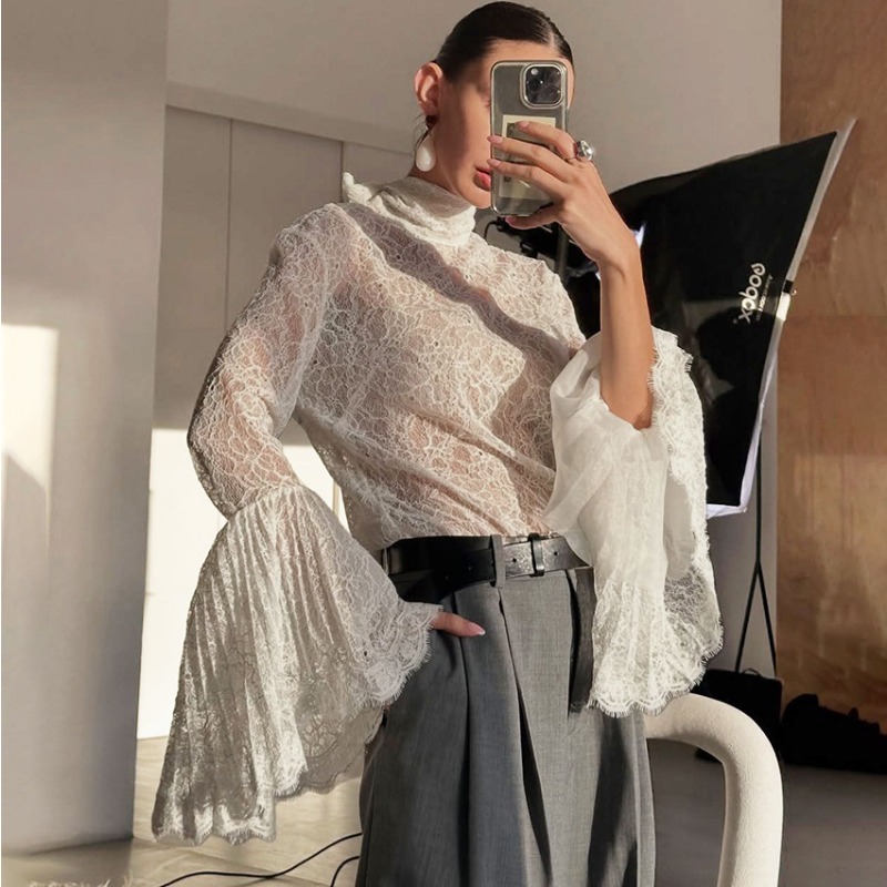 Talenza élégant dentelle Blouse femmes mode à volants à manches longues ruban Sexy dentelle haut de luxe fête femme transparent dentelle chemise
