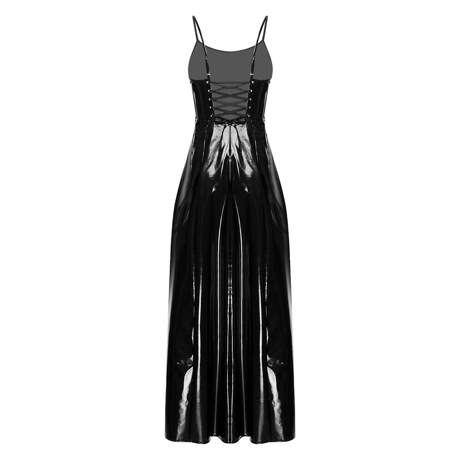 Robe moulante en cuir PU pour femmes, ourlet fendu sur le côté dans le dos, écharpe à lacets, gothique, Punk, robe Maxi brillante, Costume de fête en Club Raves