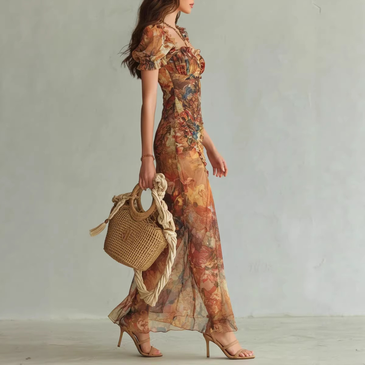 Nouvelle Robe Longue Bohème Florale Femme Sexy à Col Carré Froncée Fendue Moulante Manches Bouffantes Volants Robe de Soirée Été