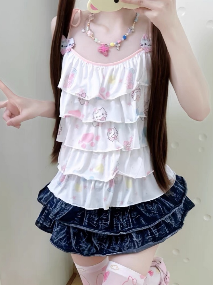 Débardeur Bandage brodé japonais Kawaii pour femmes, Y2k, esthétique, imprimé chat de dessin animé, mignon, Harajuku, Camisoles brodées à volants