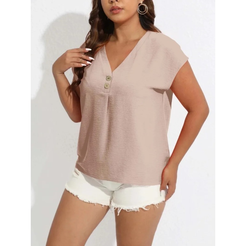 T-shirt à manches chauve-souris pour femme, chemise décontractée, col en V, boutons, haut à manches courtes, monochrome, document, grande taille, 1XL-8XL