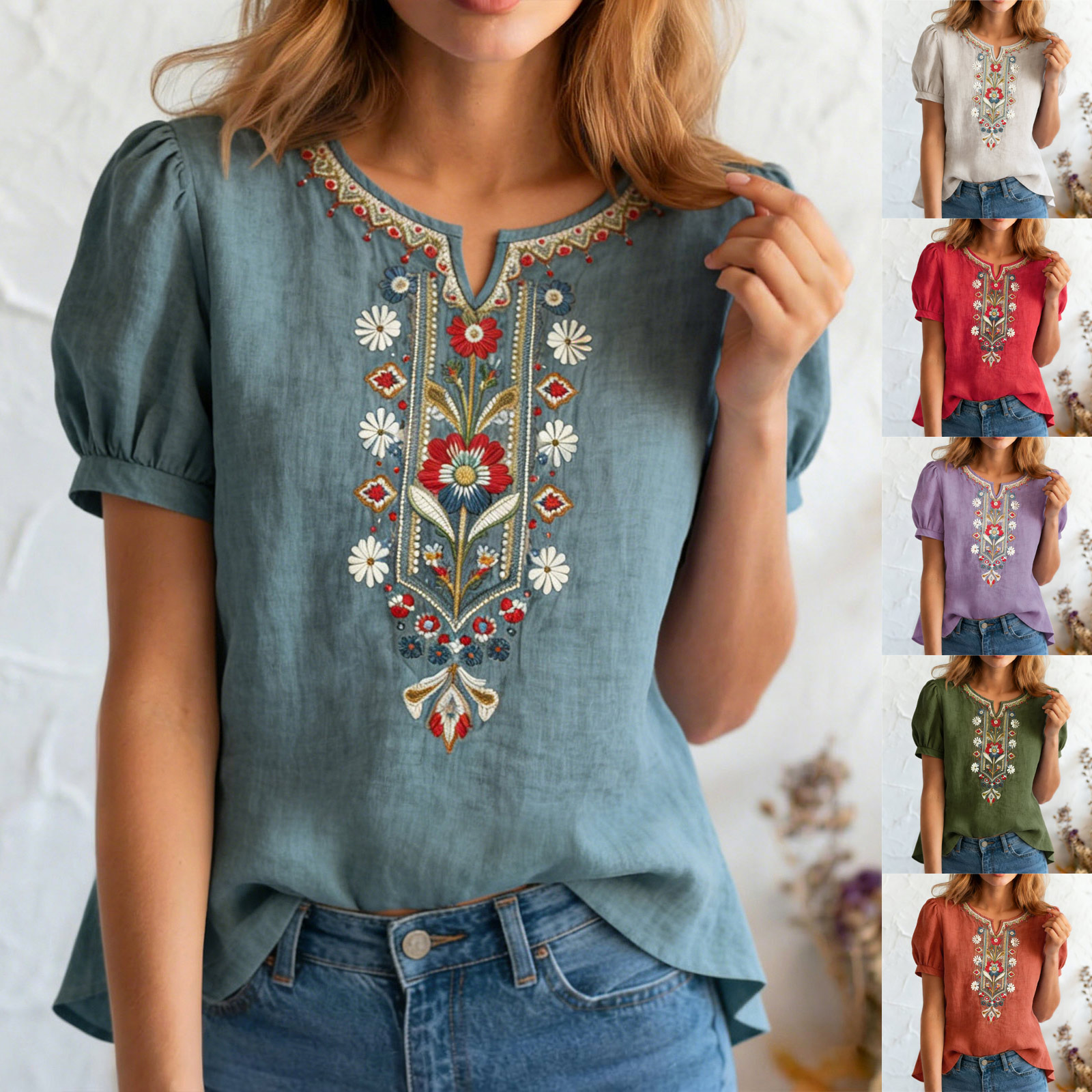 Nouveau lot de t-shirts vintage pour femmes, chemisiers décontractés fins brodés, style rétro artistique, en coton et lin respirant à manches courtes