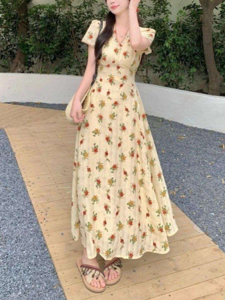 Robe mi-longue en mousseline de soie à col en V à manches bouffantes pour femmes, robe florale vintage, dentelle élégante, robe de soirée coréenne, robes d'automne pour femmes, 2024