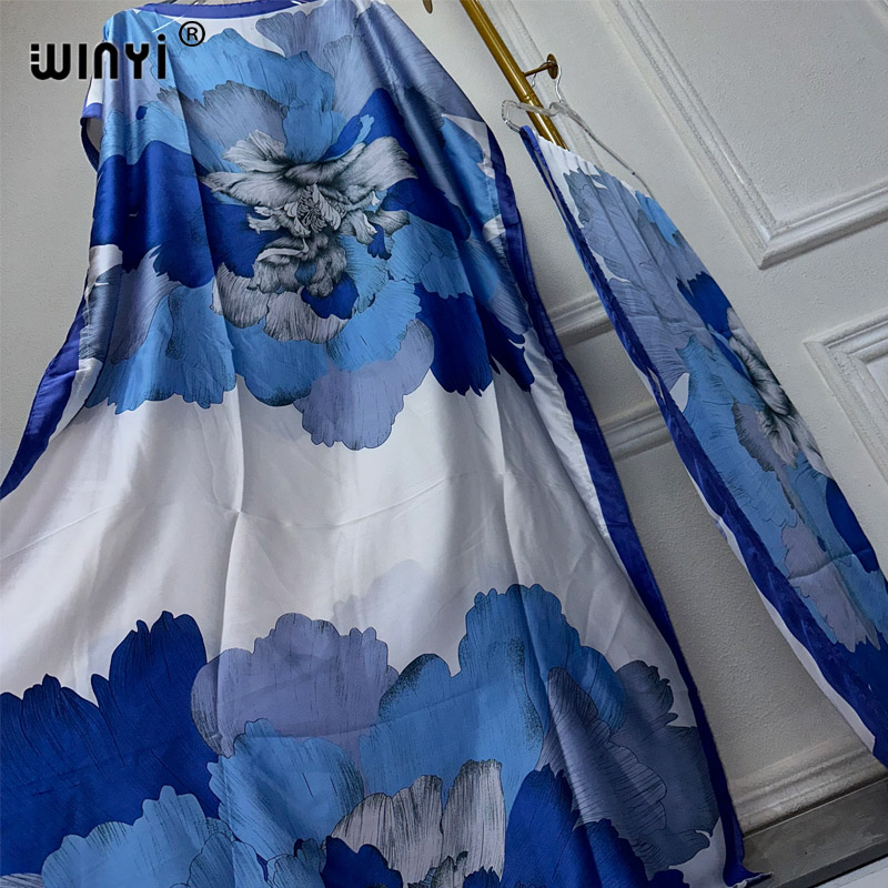 WINYI 2024 Nouvelle Robe Africaine pour Femmes, Imprimé Dashiki Bohème, Robe Longue Ample et Élégante pour Femme Musulmane, Taille Unique, Style Dubaï, avec Foulard