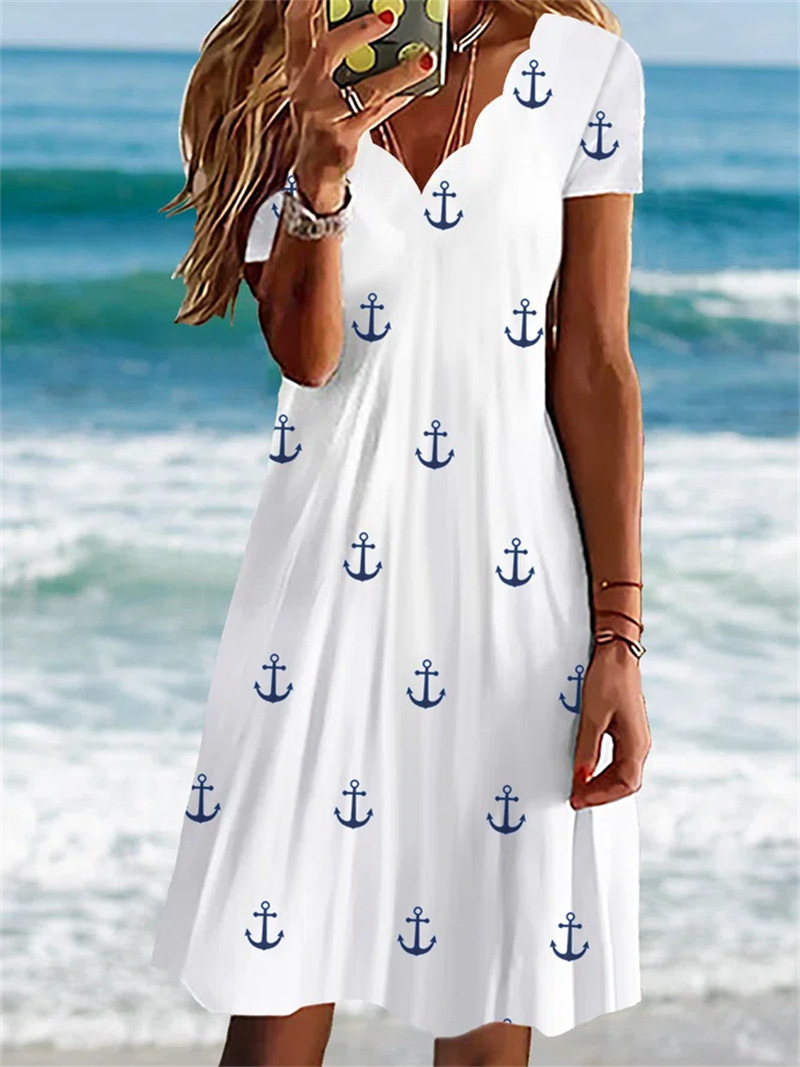 Robe trapèze décontractée à manches courtes et col en V pour femme, petit bateau, robe à commande moyenne, vague sexy, imprimé injecteur floral, style frais à la mode, été