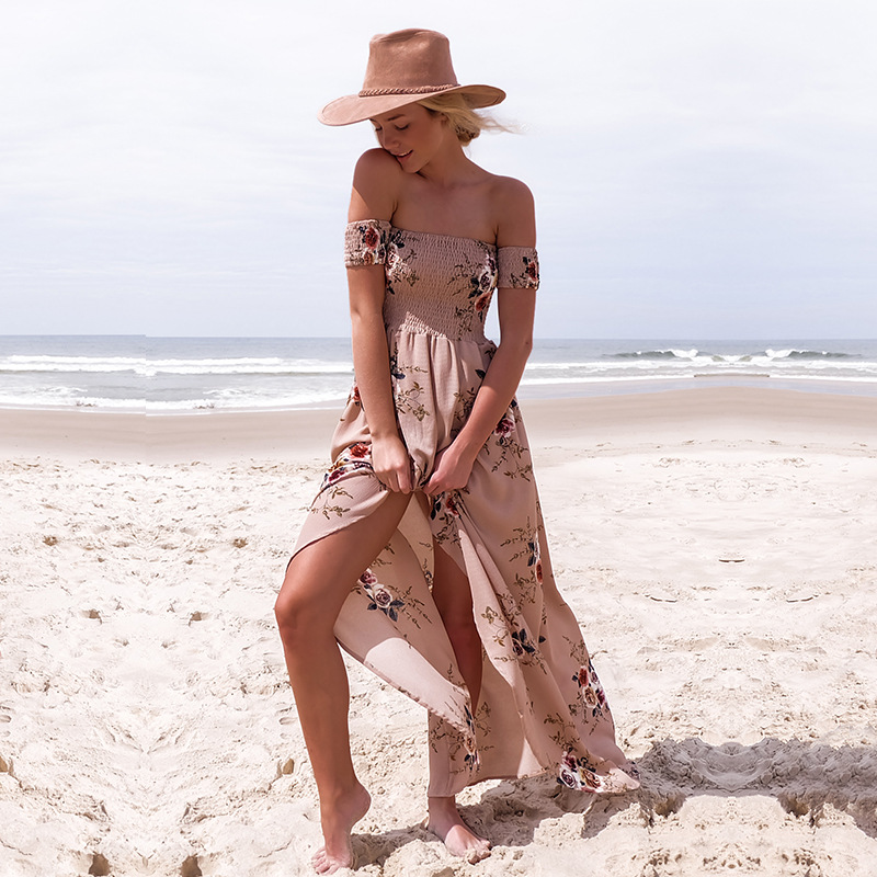 Boho style robe longue femmes épaules dénudées plage robes d'été imprimé fleuri Vintage en mousseline de soie blanc robe maxi vestidos de festa