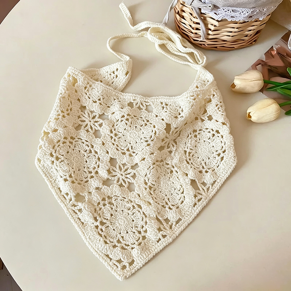 Foulard Triangle Bohème au Crochet pour Femmes et Filles, Bandana Tricoté Creux à Motifs Floraux Vintage, Accessoire Cheveux pour Plage d'Été