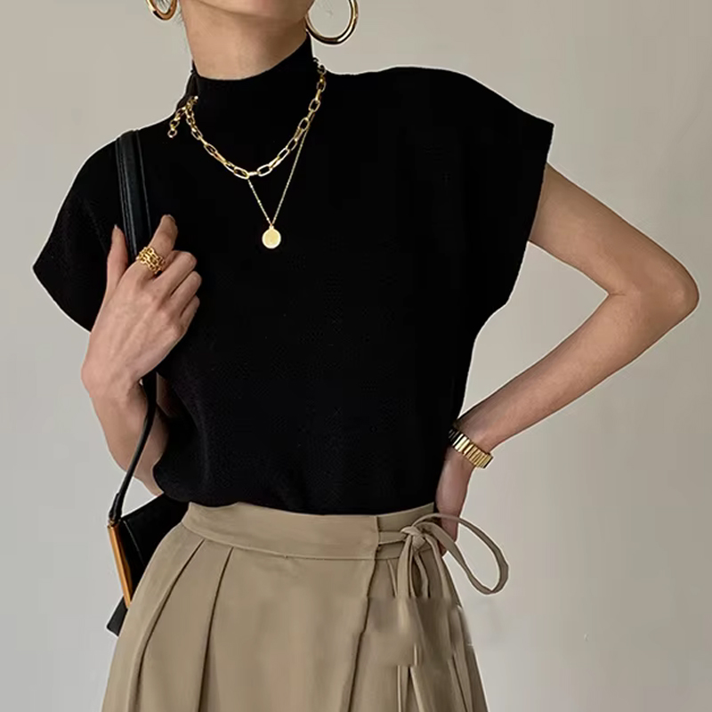 Mode col montant mince femmes tricoté gilet ample solide élégant hauts droits à manches courtes bureau dame t-shirt chemise ample