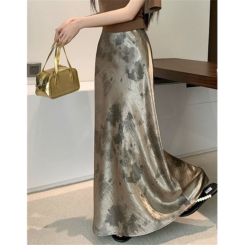 Jupe longue en satin d'acétate grande taille 4XL pour femme, jupe longue sirène imprimée style coréen pour l'été, jupe maxi mode pour femme