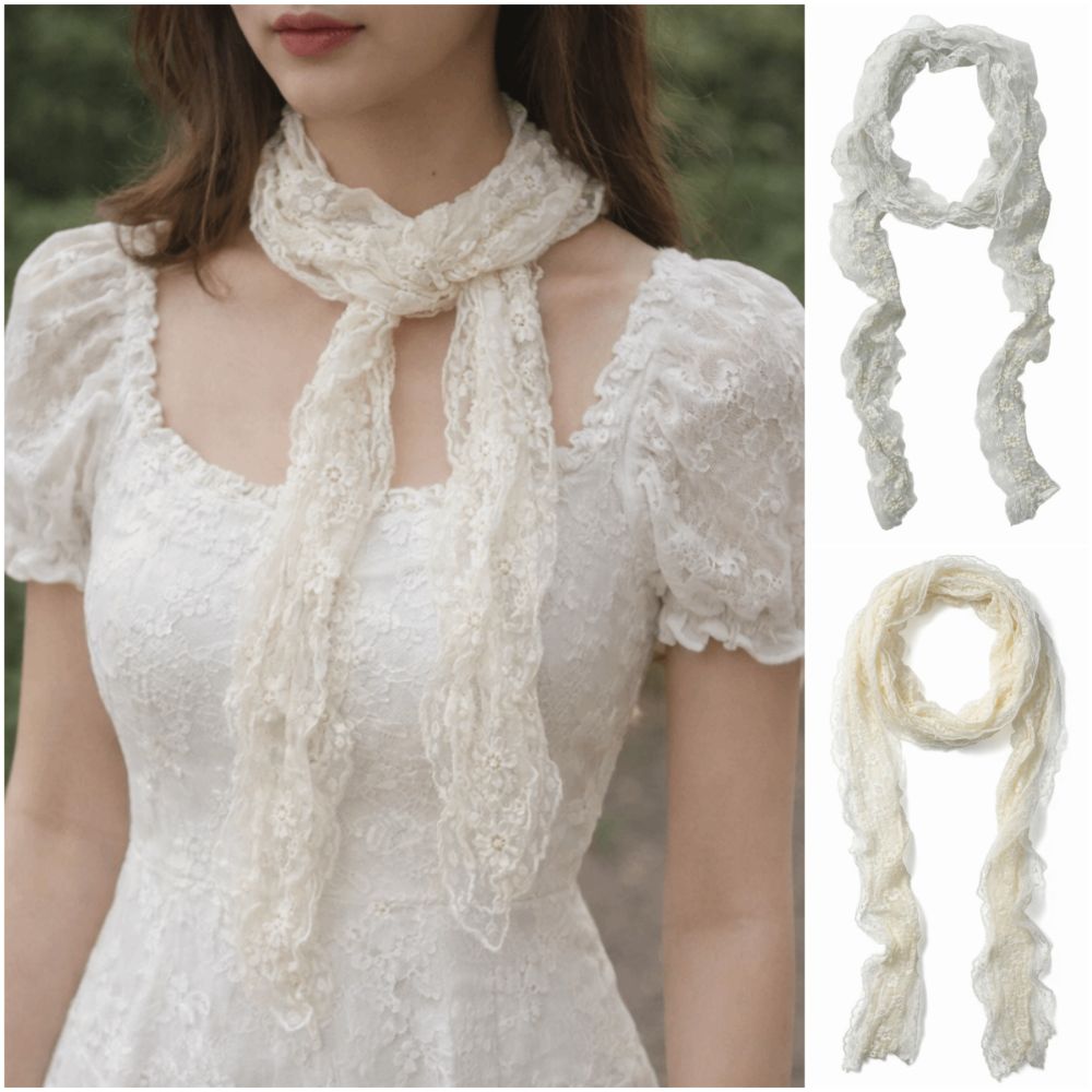 Écharpe de cou en dentelle à motif floral, bordure en dentelle, longue et fine, châle polyvalent idéal pour les photos, blanc beige, printemps été