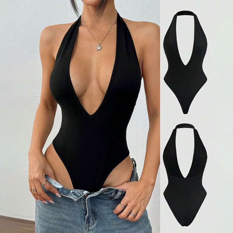 Combinaisons sexy à col halter pour femmes, débardeurs à col en V, tenues de plage dos nu, combinaisons d'été ajustées, vêtements streetwear pour femmes