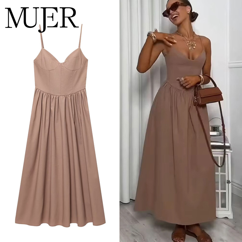 MUJER plissé Slip robe mi-longue femme Sexy dos nu robes longues pour les femmes été plage femmes robe froncé robes de soirée femme