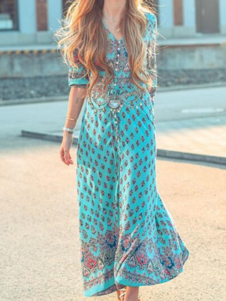 Boho robe imprimée dame mode Vintage col en V trois quarts pull robes pour femmes élégant vacances plage femmes vêtements nouveau