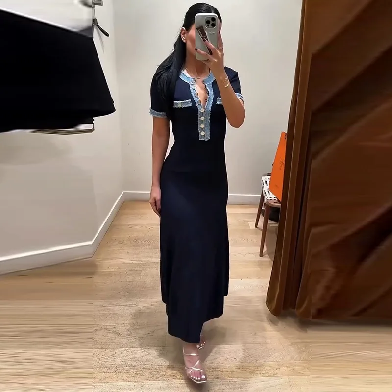 Robe longue pour femme, coupe ajustée, col en V, manches courtes, élégante, avec empiècements en jean, style Y2K, taille haute, été
