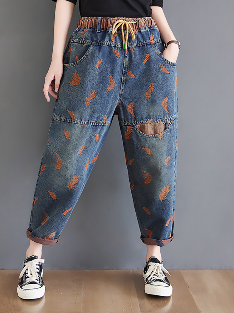 Jean pour femmes printemps rue plume broderie couleur contraste ample mince cordon poches taille élastique Denim pantalon femme