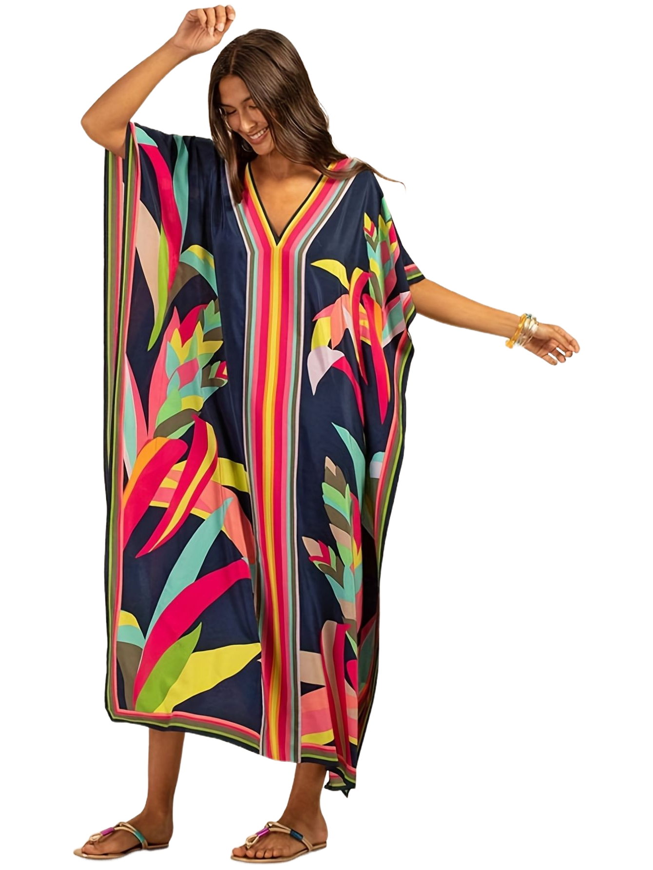 Robes Kaftan pour Femmes Grandes Tailles, Cache-maillot de bain, Robe à col en V et manches chauve-souris, Coupe ample, Caftan Marocain, Robes Mumu