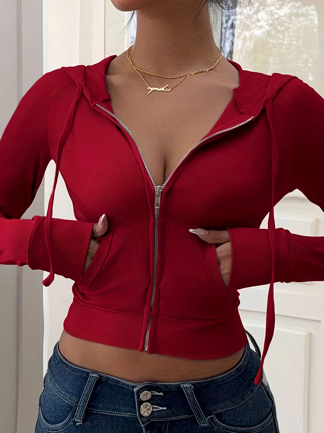 Veste à cordon sexy, tendance, élégante et originale pour femmes avec des fermetures éclair rouges