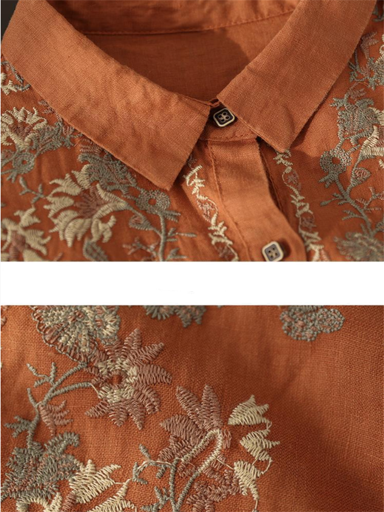 Chemisiers Rétro pour Femmes, Chemise Nationale en Coton et Lin, Blouse Ample Brodé à Col Revers, Cardigan à Manches Longues, Hauts Féminins