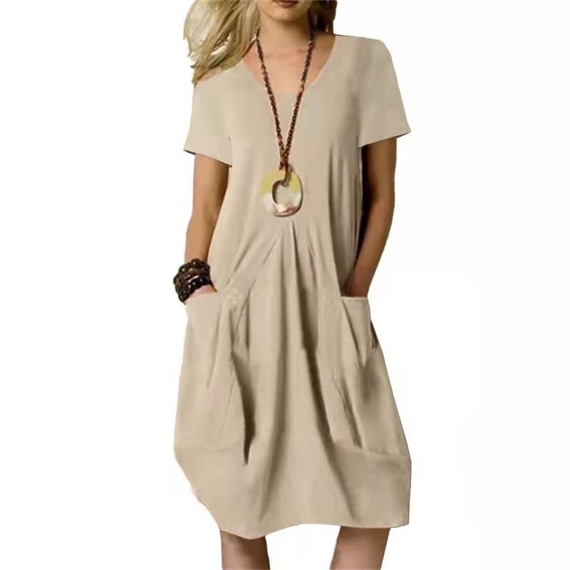 Robes pour femmes 2026 – Nouvelle collection été en coton et lin, couleur unie, coupe ample, col rond, manches courtes, longueur genou – Vêtements Vestidos