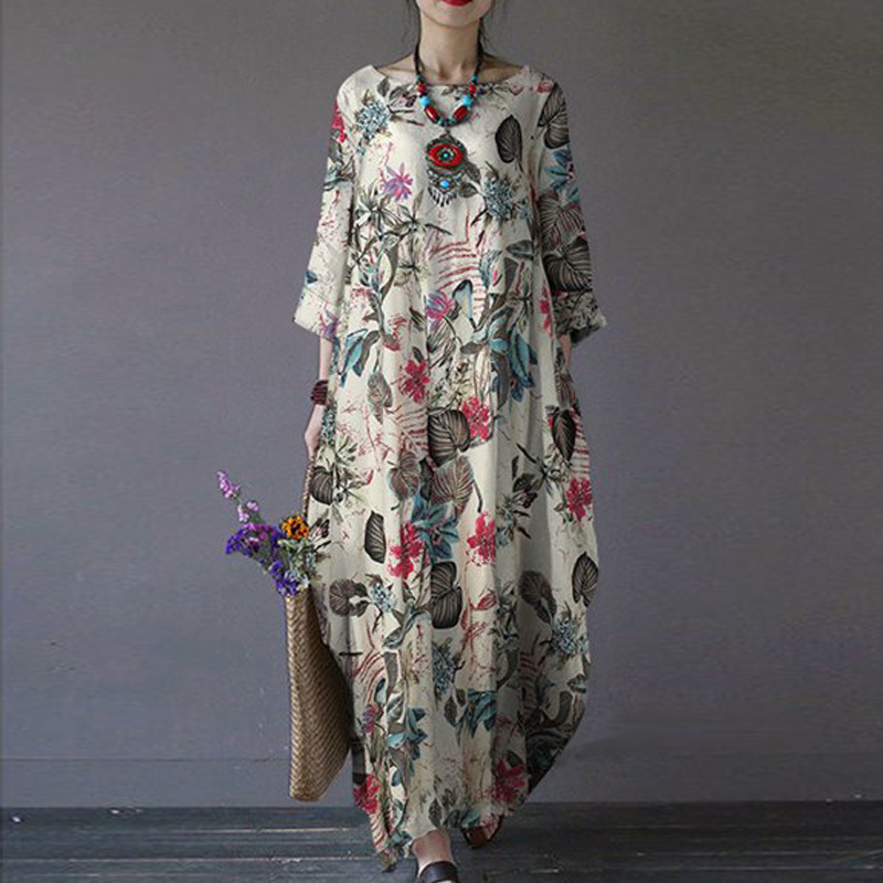 Robe florale élégante en coton et lin pour femmes, tenue de soirée à manches courtes, décontractée, vacances, style Boho, imprimée, été