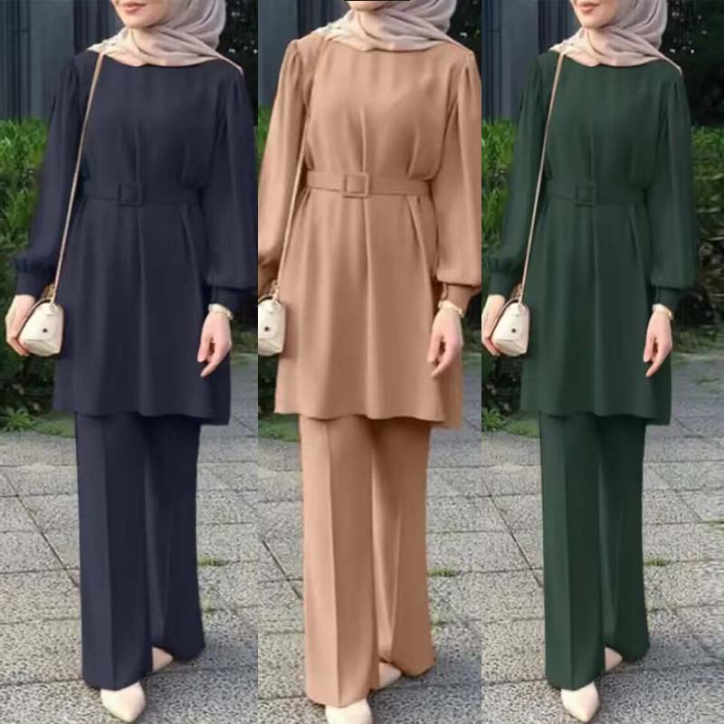 Vêtements islamiques pour musulmanes, col rond, manches longues, ceinture, chemisier et pantalon, vêtements modestes, olympiques Eid Mubarek, ensembles, 2 pièces