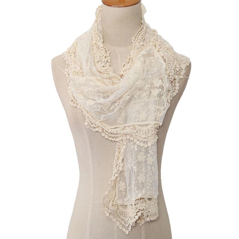 Nouveau élégant femmes longue écharpe broderie florale Crochet maille dentelle garniture châle foulards mode Lolita princesse doux Beige écharpe
