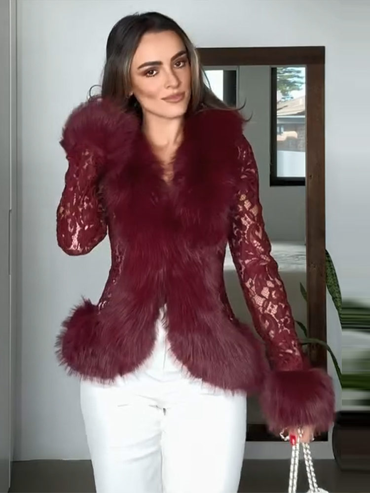 Manteau en fourrure élégant pour femme, automne-hiver 2026, avec empiècements en dentelle, col en V, manches longues, taille cintrée, mode streetwear féminine, nouveauté.